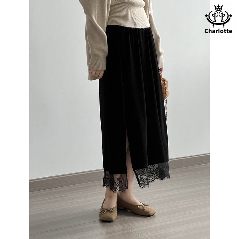 French lace patchwork skirt, elegant A-line mid-length skirt [CHSK121]