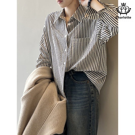 BF style lazy striped long-sleeved shirt BF style striped shirt [CHSH110]