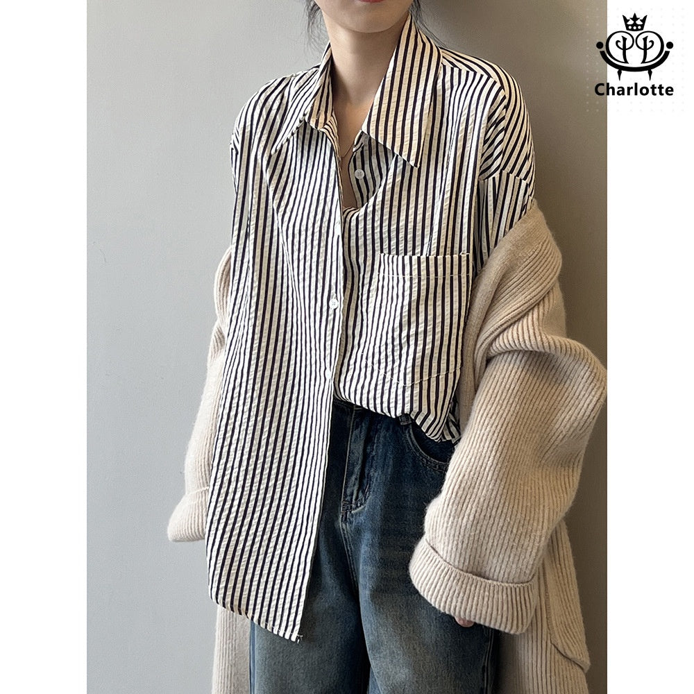 BF style lazy striped long-sleeved shirt BF style striped shirt [CHSH110]