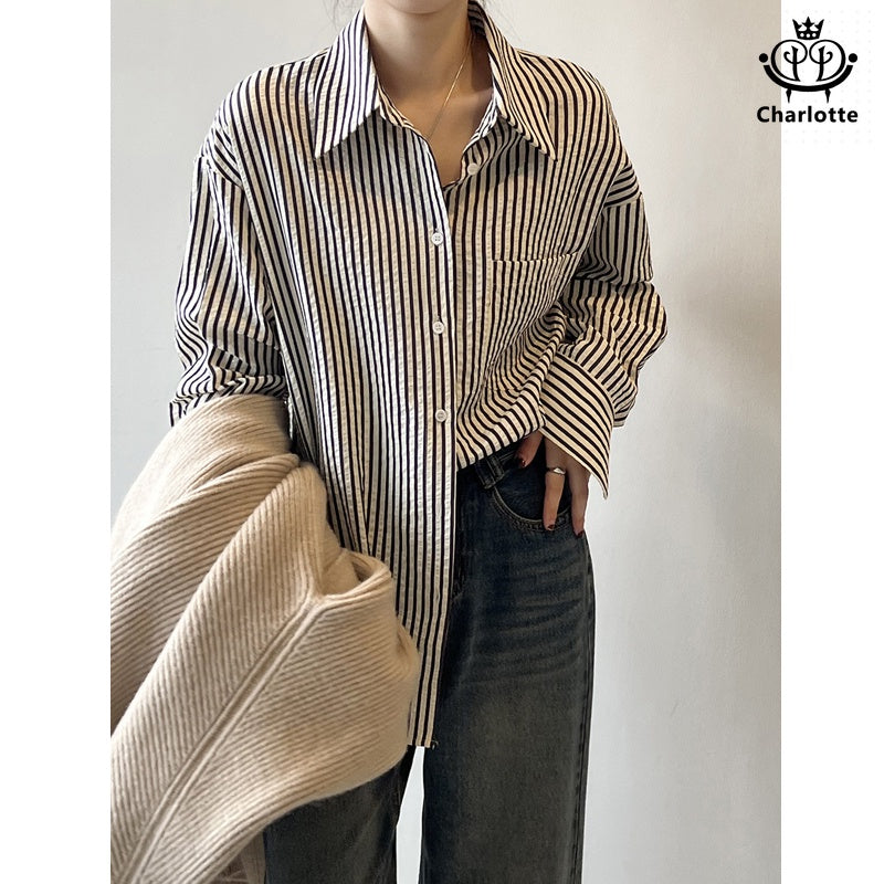 BF style lazy striped long-sleeved shirt BF style striped shirt [CHSH110]