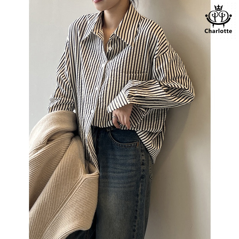 BF style lazy striped long-sleeved shirt BF style striped shirt [CHSH110]