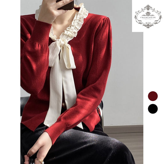 Korean style V-neck sweet bow knitted top, elegant women’s lace-up knitted sweater [CHSW60]