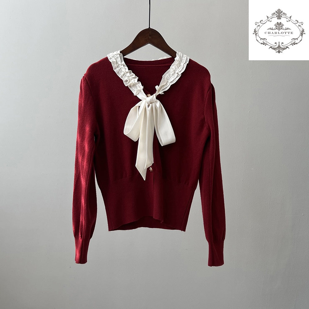 Korean style V-neck sweet bow knitted top, elegant women’s lace-up knitted sweater [CHSW60]