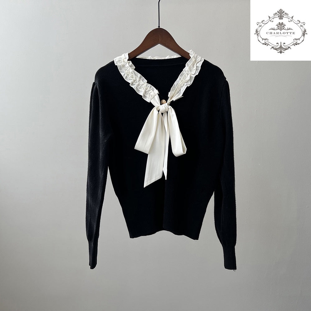 Korean style V-neck sweet bow knitted top, elegant women’s lace-up knitted sweater [CHSW60]