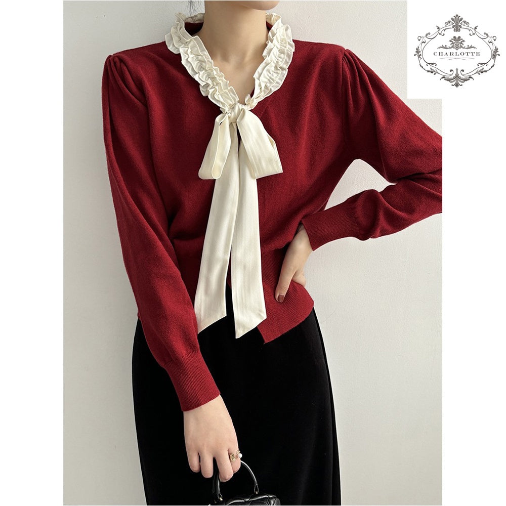 Korean style V-neck sweet bow knitted top, elegant women’s lace-up knitted sweater [CHSW60]