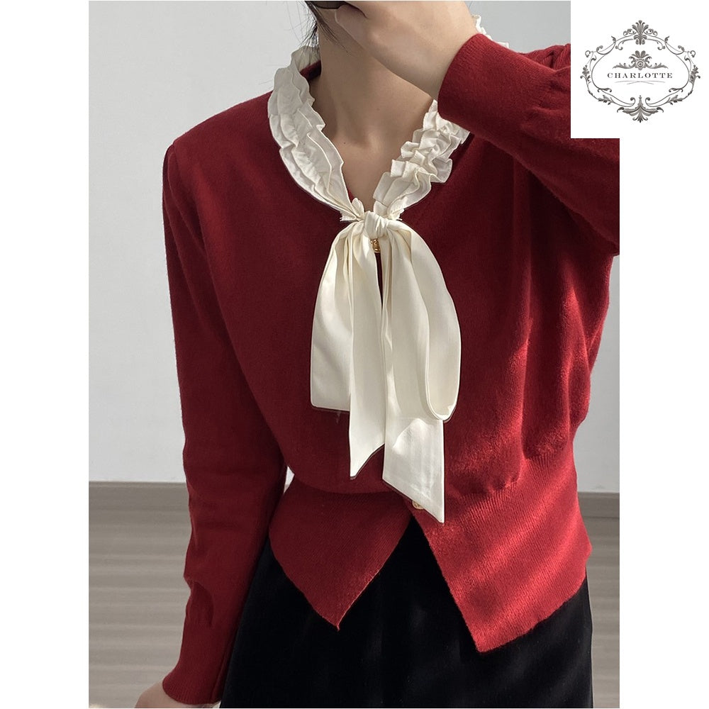 Korean style V-neck sweet bow knitted top, elegant women’s lace-up knitted sweater [CHSW60]