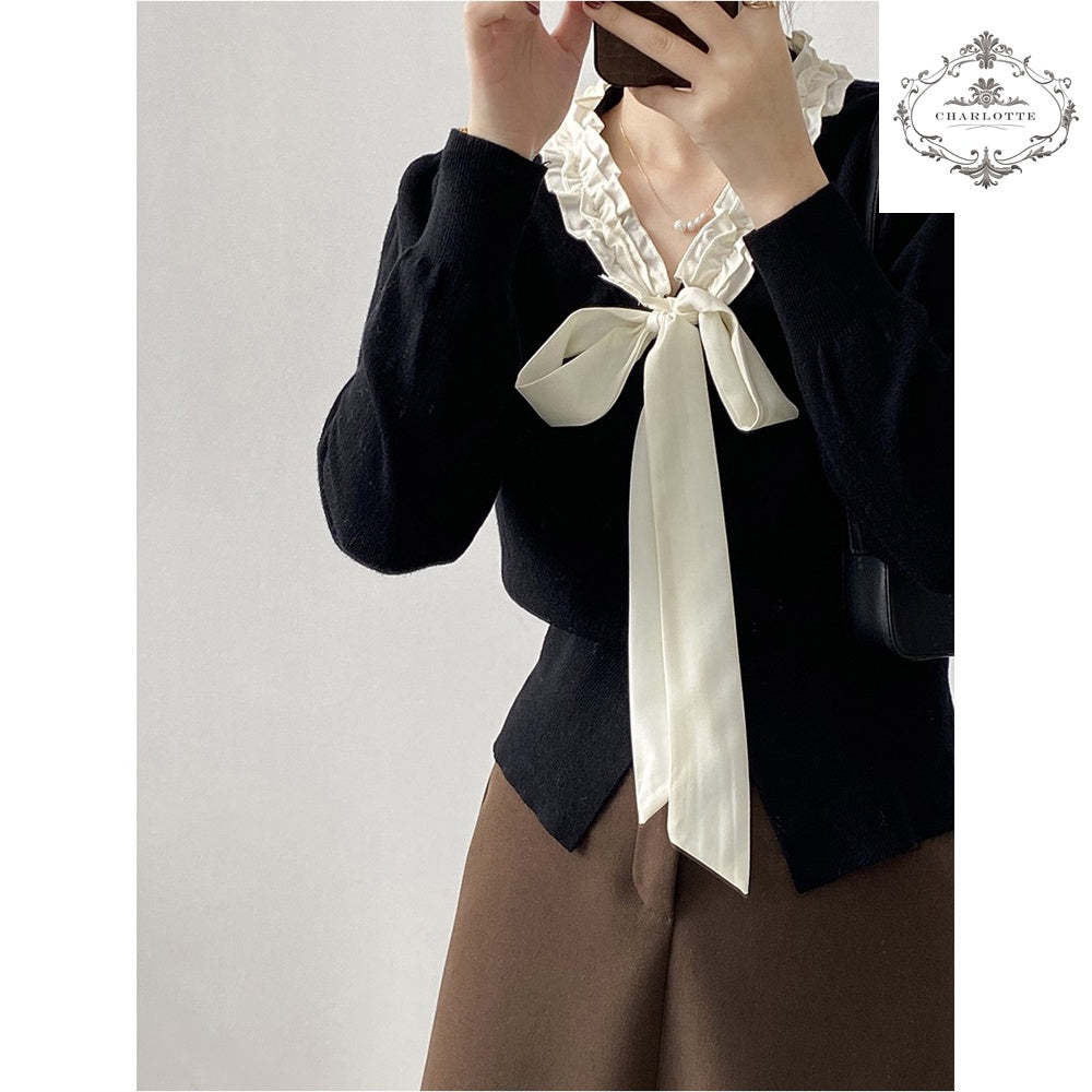 Korean style V-neck sweet bow knitted top, elegant women’s lace-up knitted sweater [CHSW60]