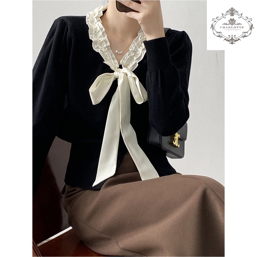 Korean style V-neck sweet bow knitted top, elegant women’s lace-up knitted sweater [CHSW60]