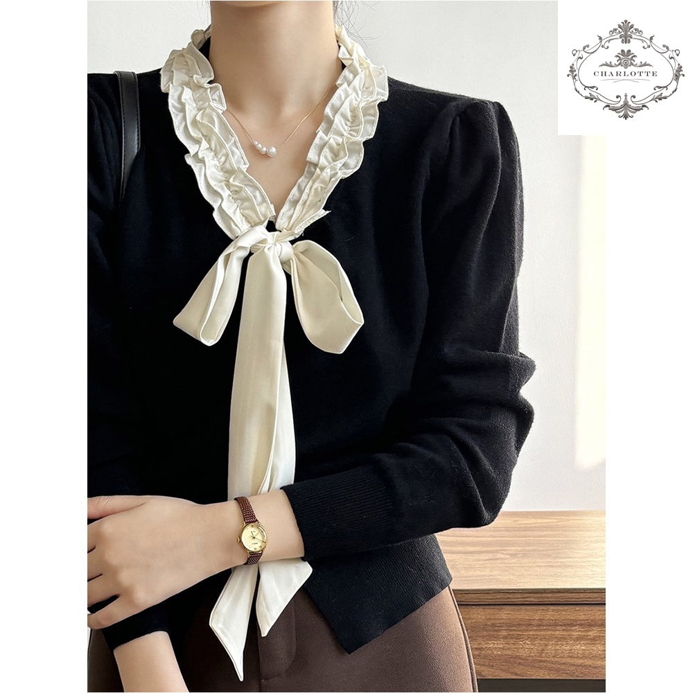 Korean style V-neck sweet bow knitted top, elegant women’s lace-up knitted sweater [CHSW60]