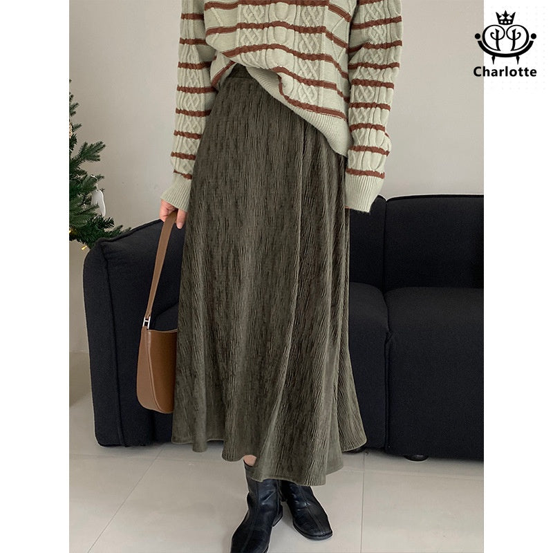 Velvet pleated plus velvet skirt solid color pleated long skirt [CHSK124]