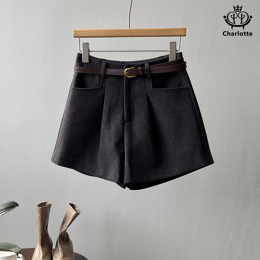 Pocket-thick woolen shorts, high-waisted wide-leg shorts [CHOR9]