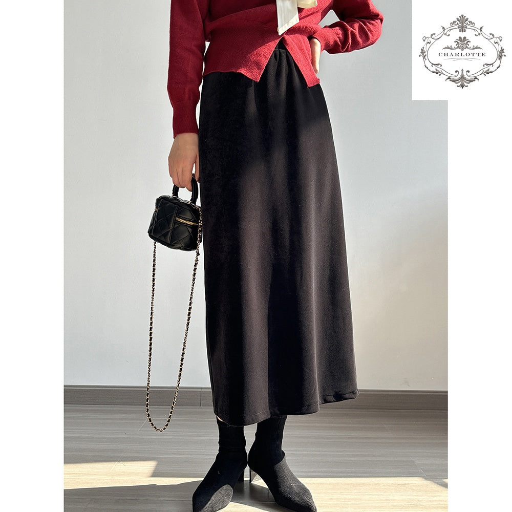 French retro high-waisted velvet skirt velvet-feeling skirt [CHSK127]