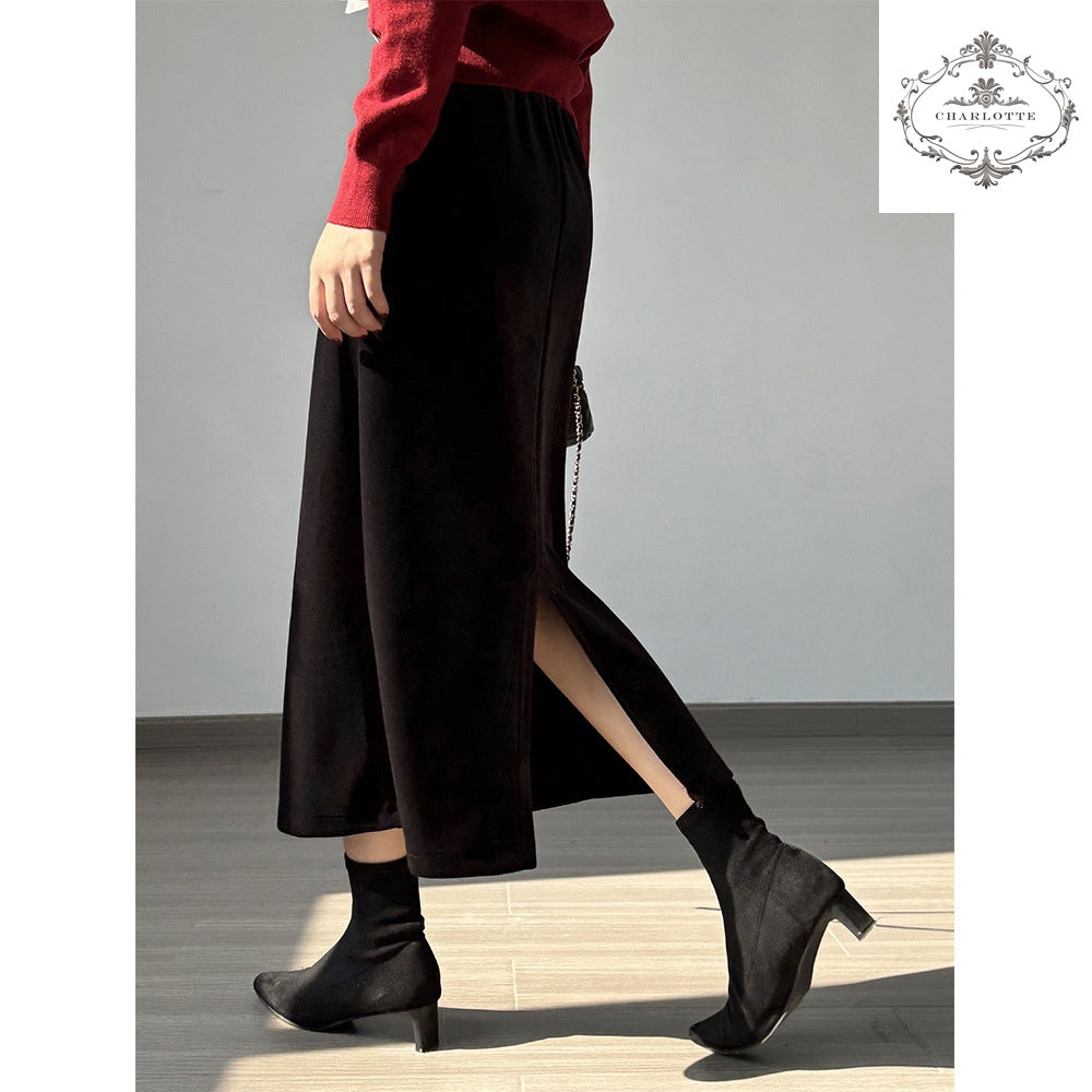 French retro high-waisted velvet skirt velvet-feeling skirt [CHSK127]