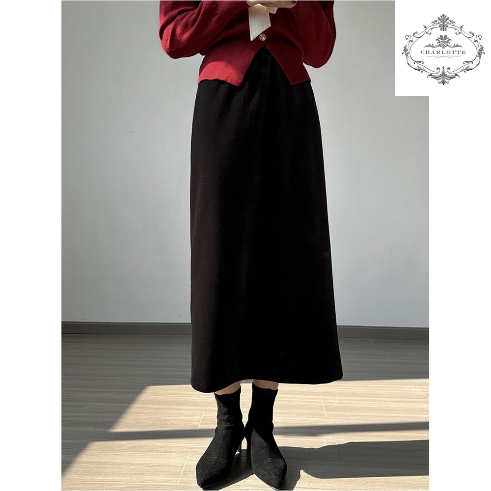 French retro high-waisted velvet skirt velvet-feeling skirt [CHSK127]