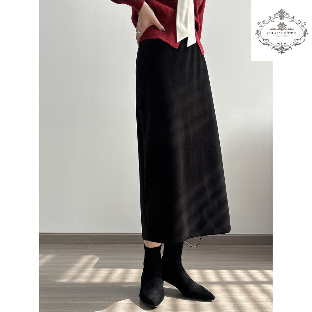 French retro high-waisted velvet skirt velvet-feeling skirt [CHSK127]