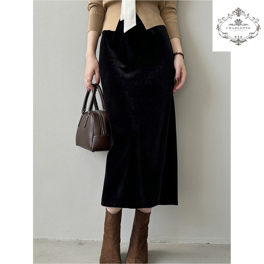 French retro high-waisted velvet skirt velvet-feeling skirt [CHSK127]