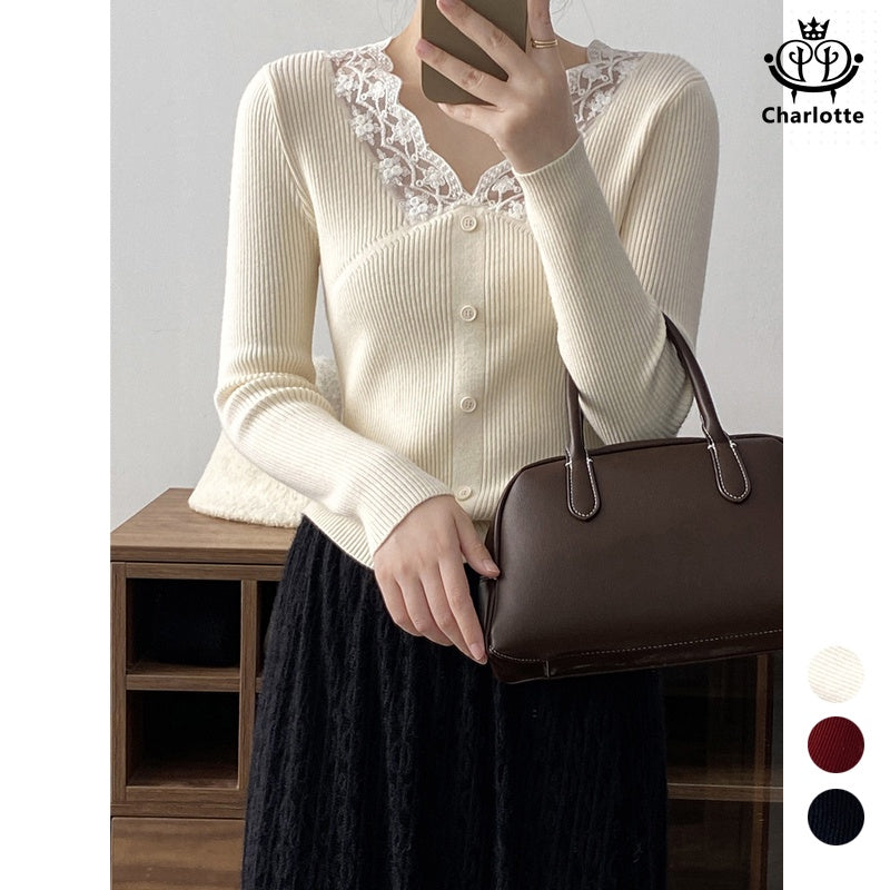 Ladies lace spliced ​​V-neck knitted top lace spliced ​​knitted sweater [CHSW56]