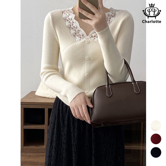 Ladies lace spliced ​​V-neck knitted top lace spliced ​​knitted sweater [CHSW56]