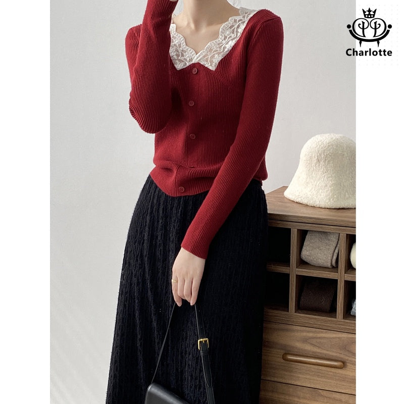 Ladies lace spliced ​​V-neck knitted top lace spliced ​​knitted sweater [CHSW56]