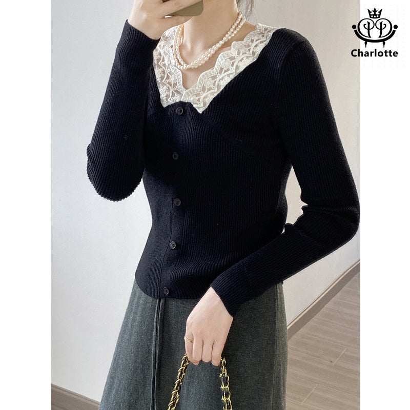 Ladies lace spliced ​​V-neck knitted top lace spliced ​​knitted sweater [CHSW56]