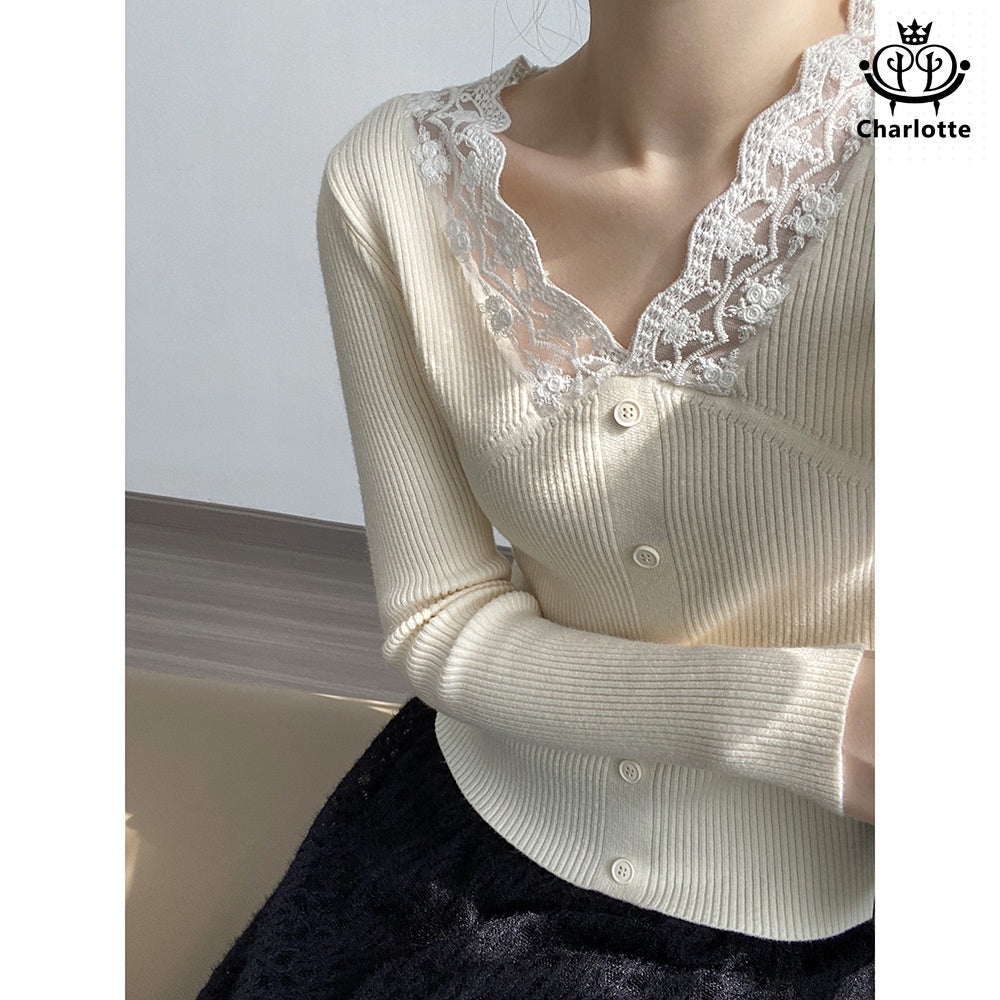 Ladies lace spliced ​​V-neck knitted top lace spliced ​​knitted sweater [CHSW56]