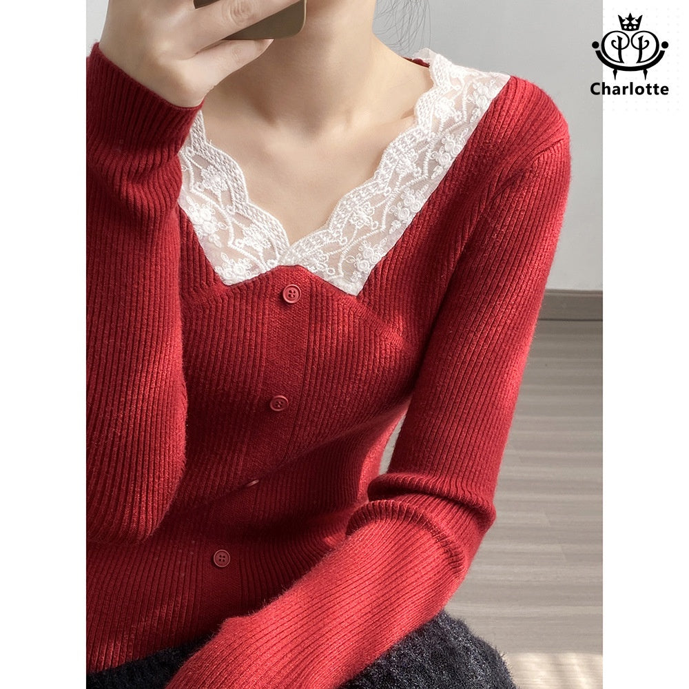 Ladies lace spliced ​​V-neck knitted top lace spliced ​​knitted sweater [CHSW56]