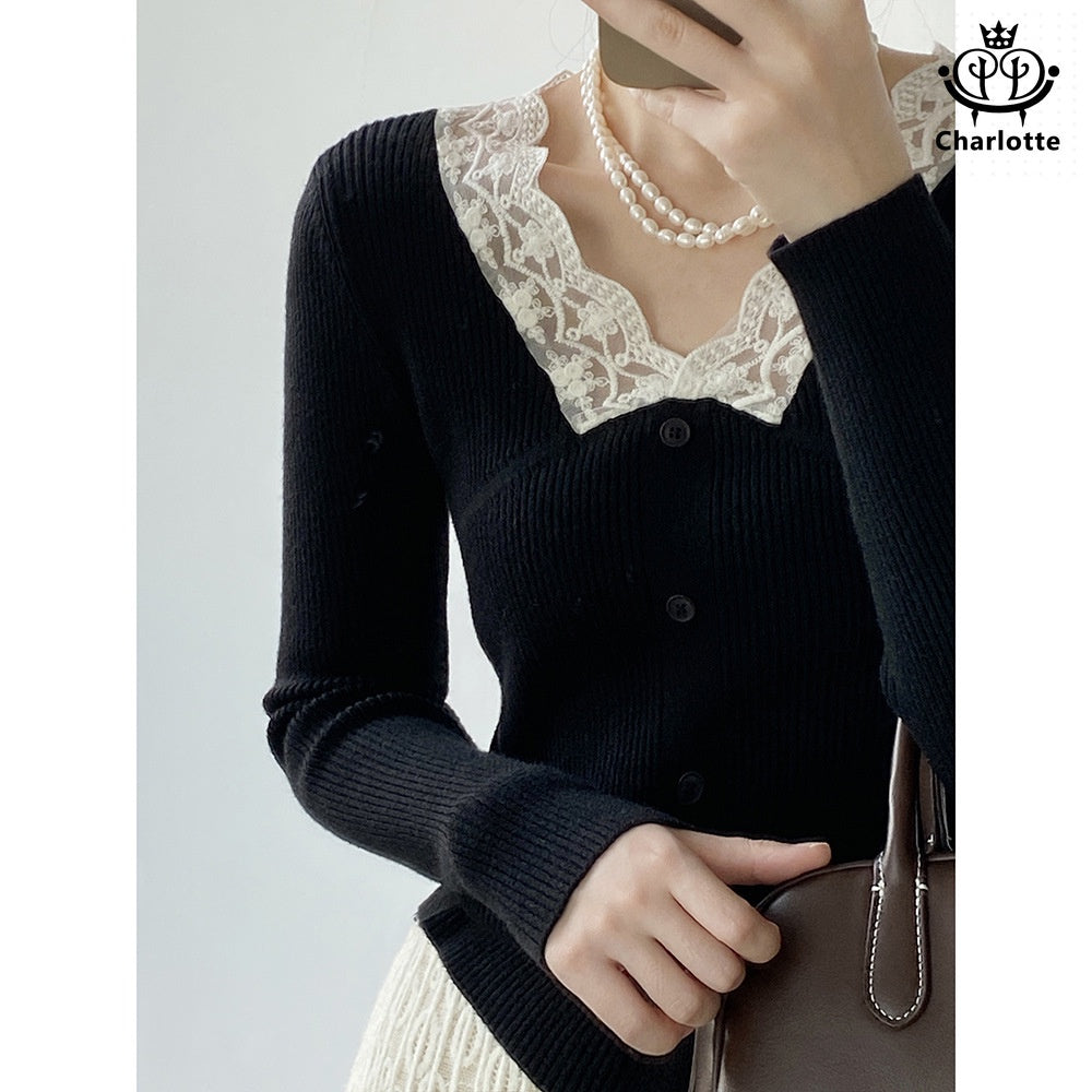 Ladies lace spliced ​​V-neck knitted top lace spliced ​​knitted sweater [CHSW56]