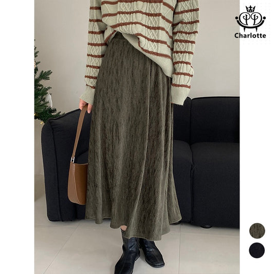 Velvet pleated plus velvet skirt solid color pleated long skirt [CHSK124]