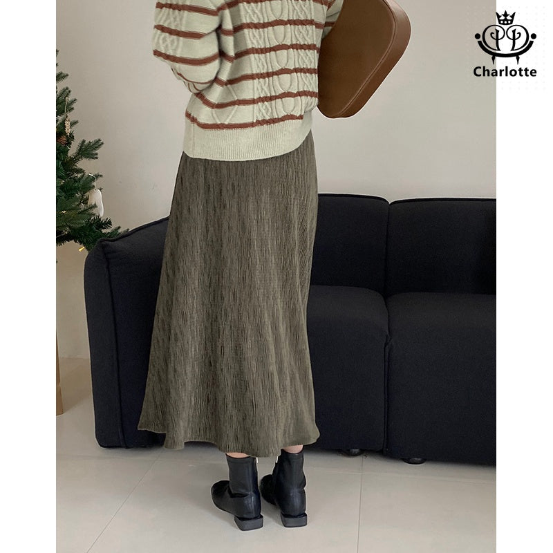 Velvet pleated plus velvet skirt solid color pleated long skirt [CHSK124]