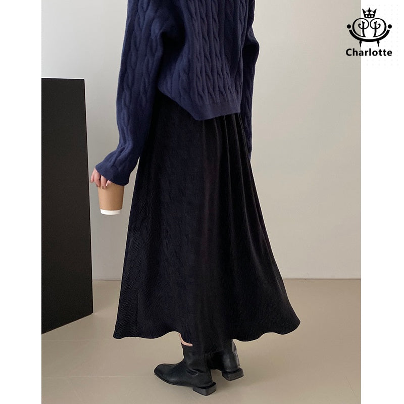 Velvet pleated plus velvet skirt solid color pleated long skirt [CHSK124]