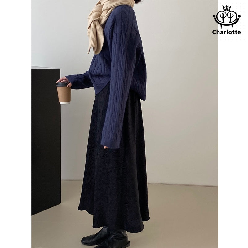 Velvet pleated plus velvet skirt solid color pleated long skirt [CHSK124]