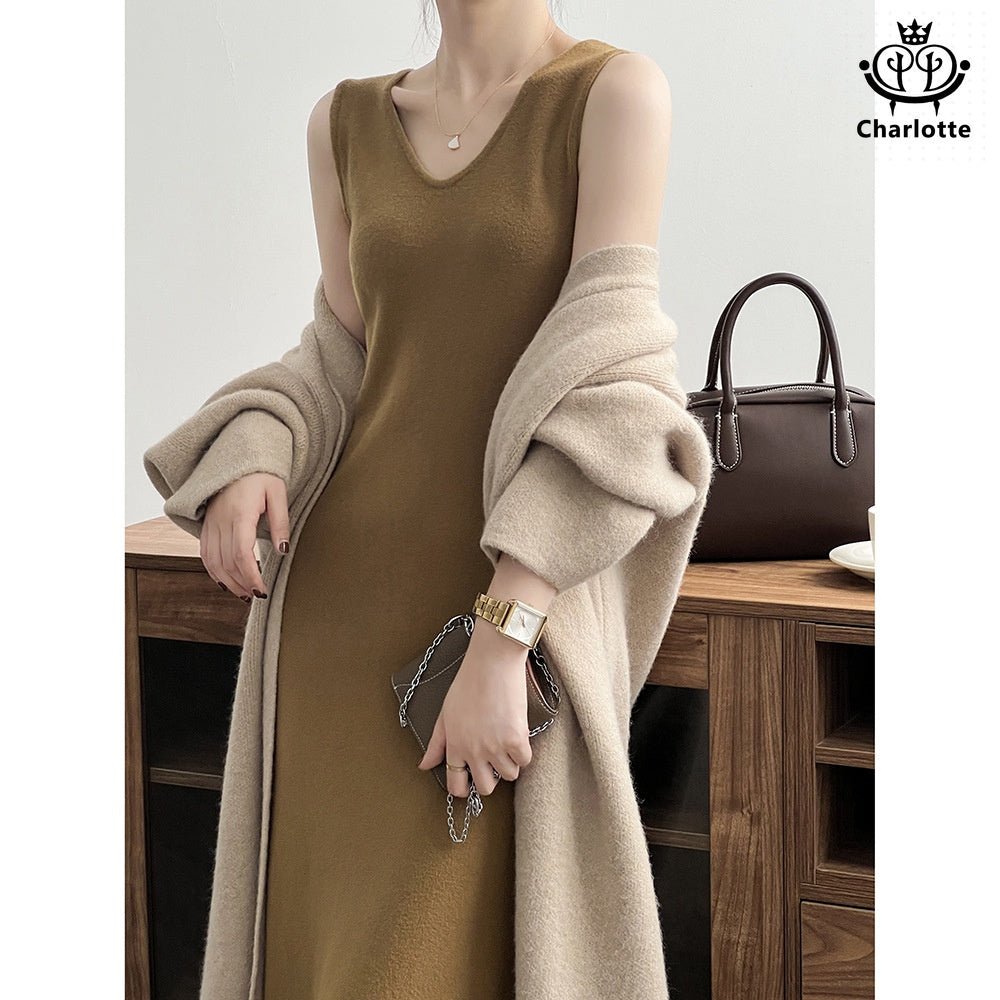 French lazy style knitted dress V-neck knitted dress [CHSK125]