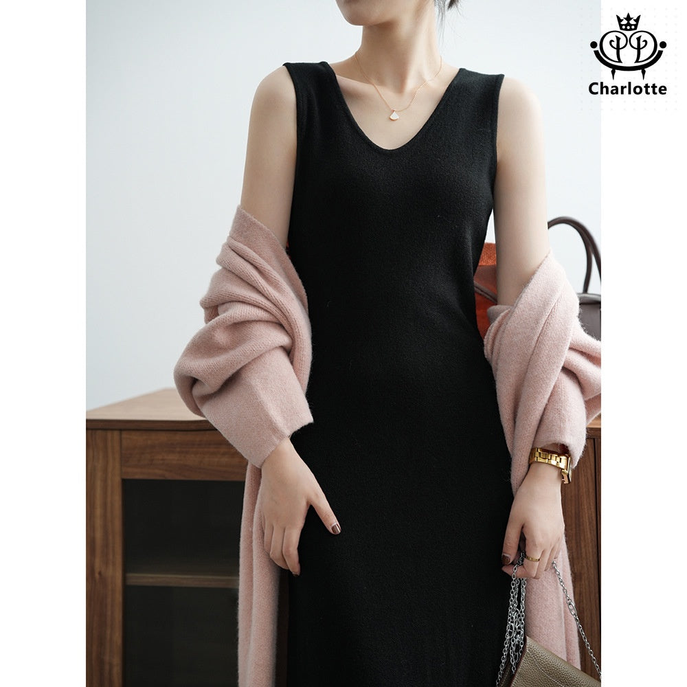 French lazy style knitted dress V-neck knitted dress [CHSK125]