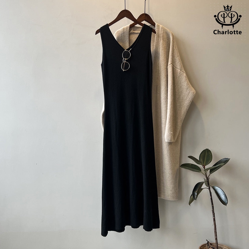 French lazy style knitted dress V-neck knitted dress [CHSK125]